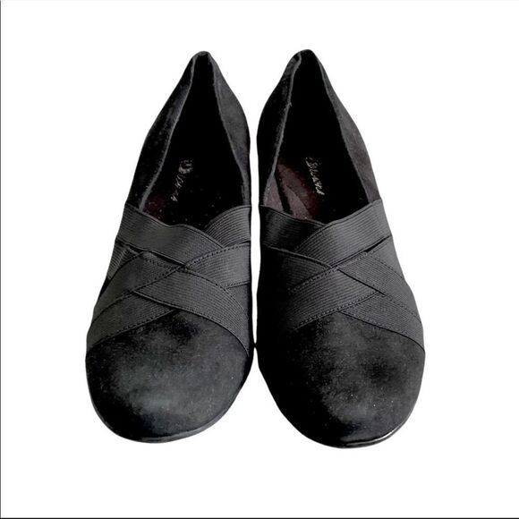BROWNS Black Suede Slip On Wedge Shoes With Elastic 7.5 - Picture 4 of 10